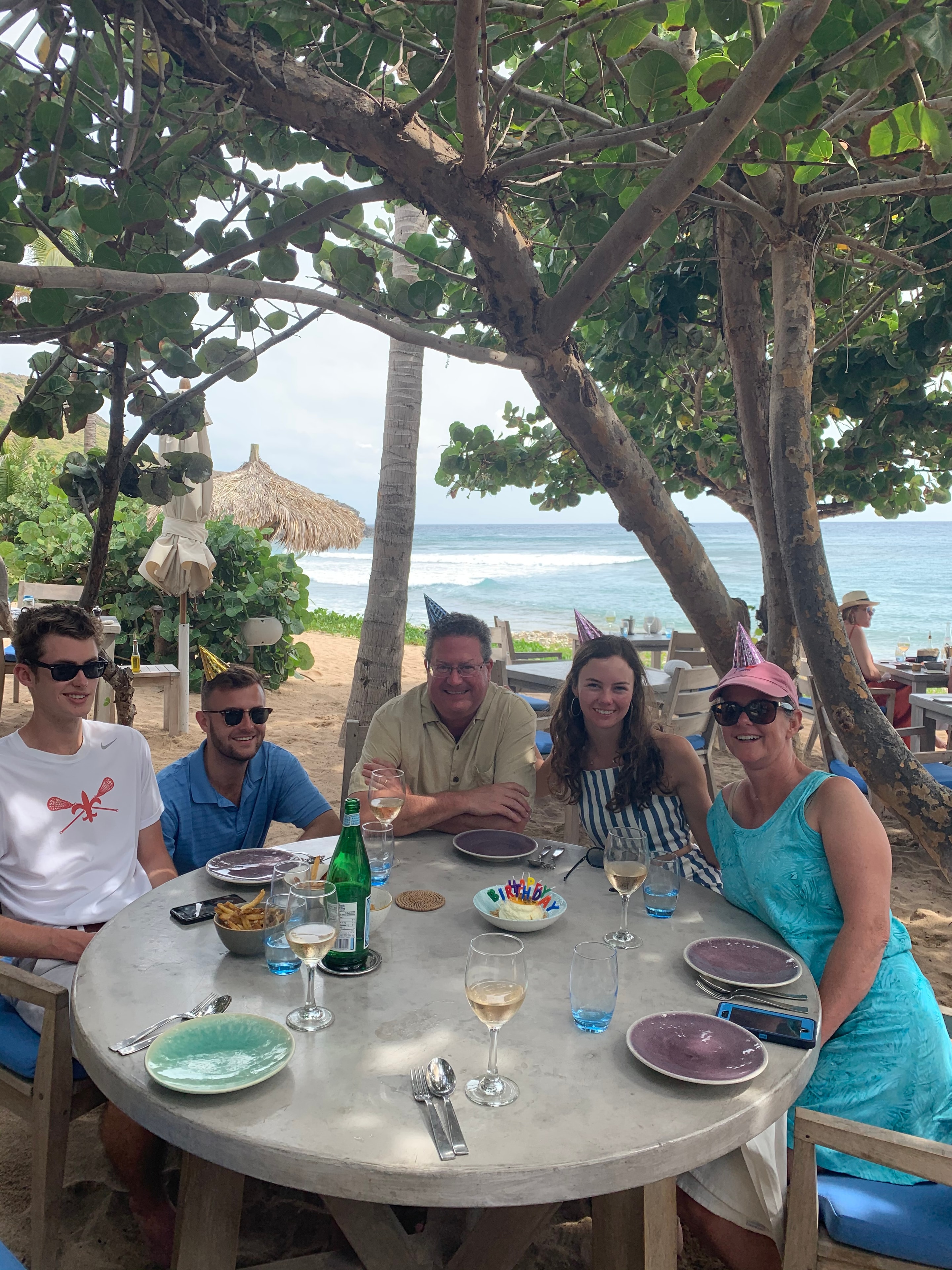 Group lunch at a beachside restaurant