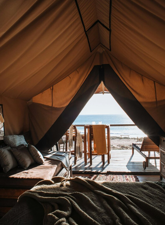 Luxury glamping tent with scenic view